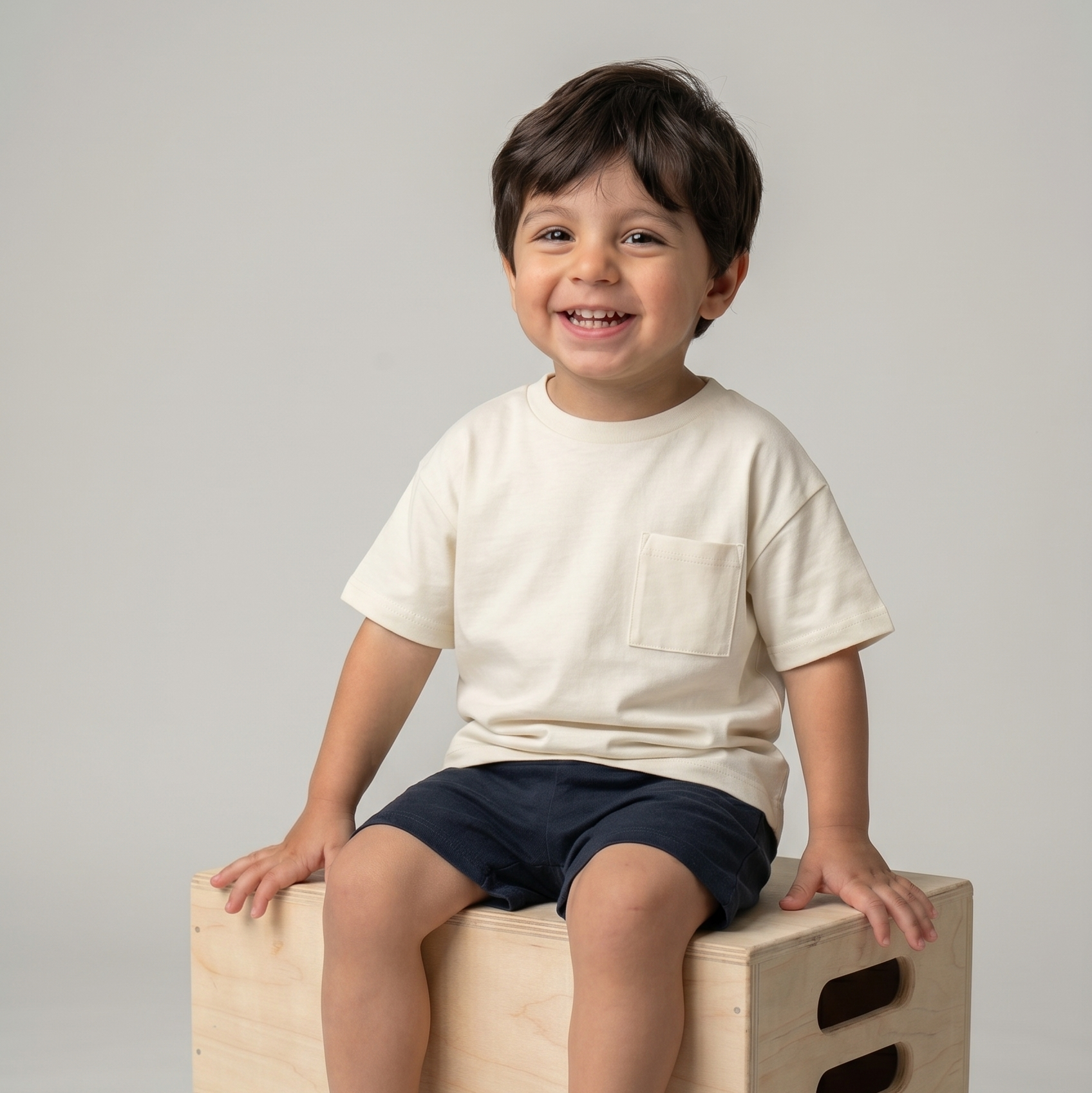 Child sitting on a wooden block toy with a plain background