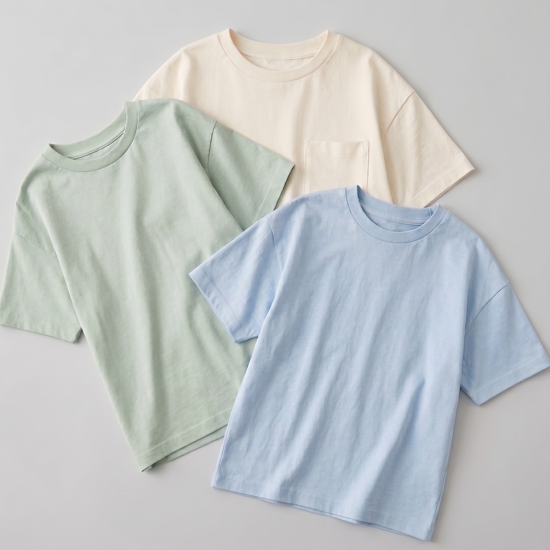 Three plain t-shirts in green, beige, and blue on a light gray background