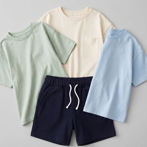 Three t-shirts in different colors (green, beige, blue) and a pair of navy shorts on a light gray background.